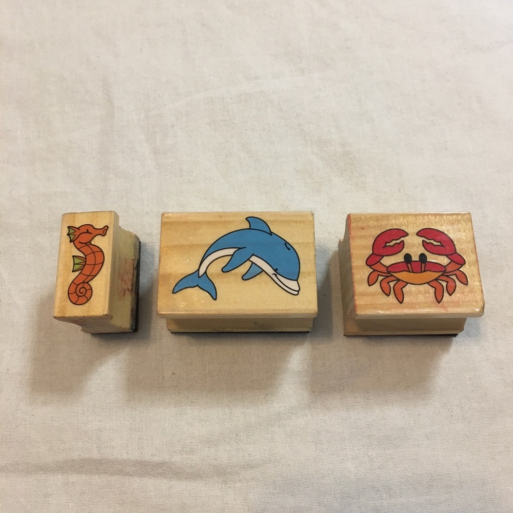 Set of 3 Ocean Animals Wooden Rubber Stamps
